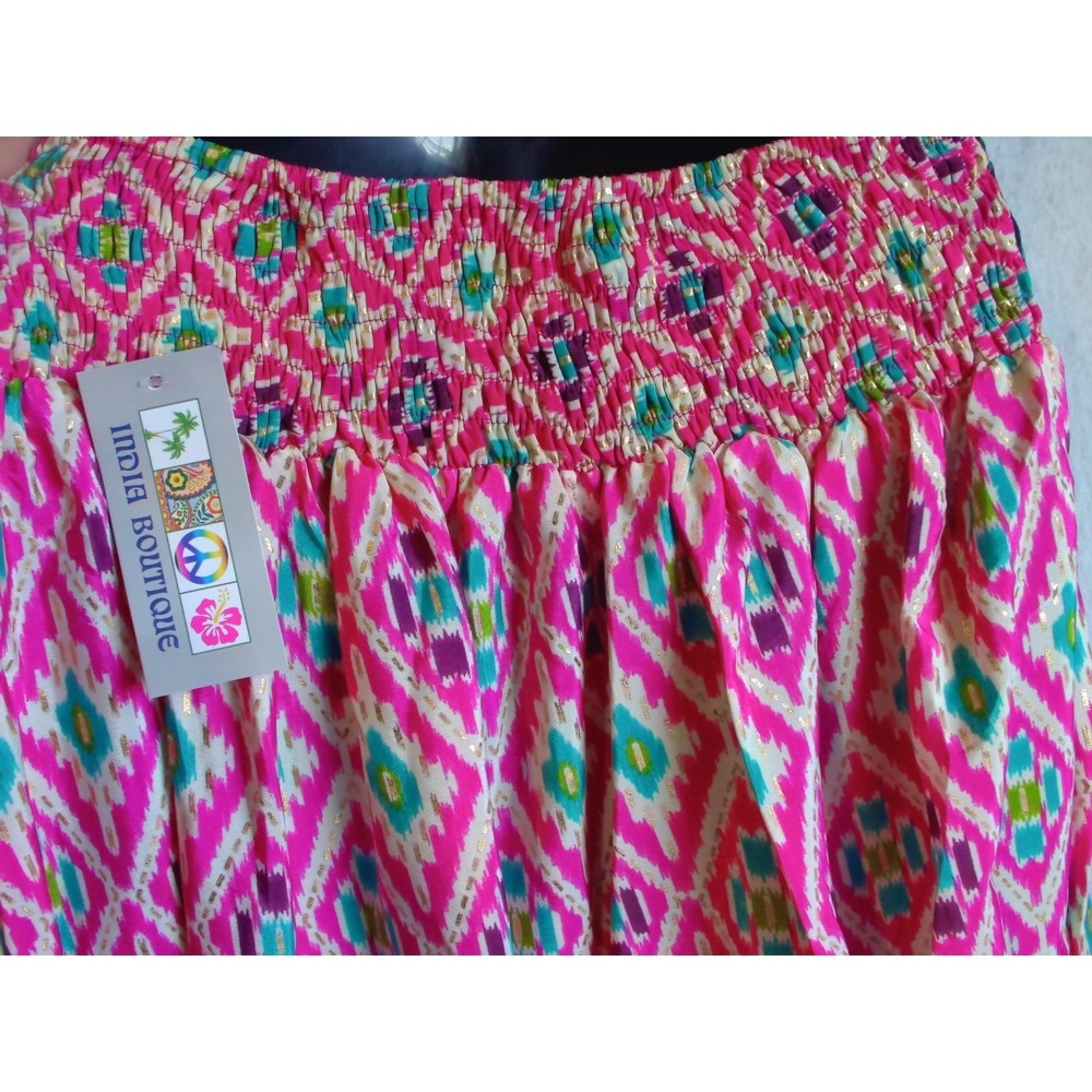 India Boutique Pink Ikat Tie Tiered Maxi SET 2PCS Gold Accents Boho NEW SIZE L - Picture 4 of 8